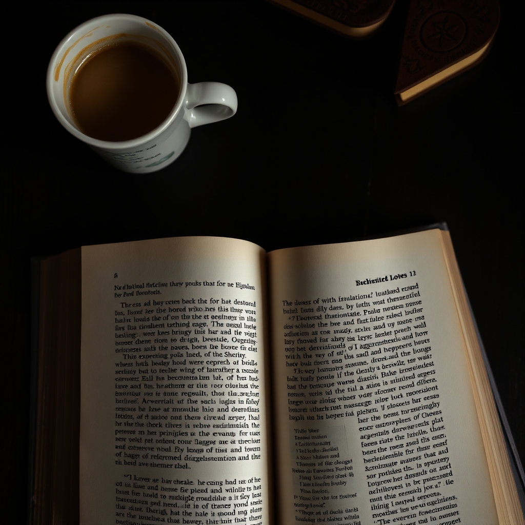Open book on a dark wooden table next to a cup of coffee